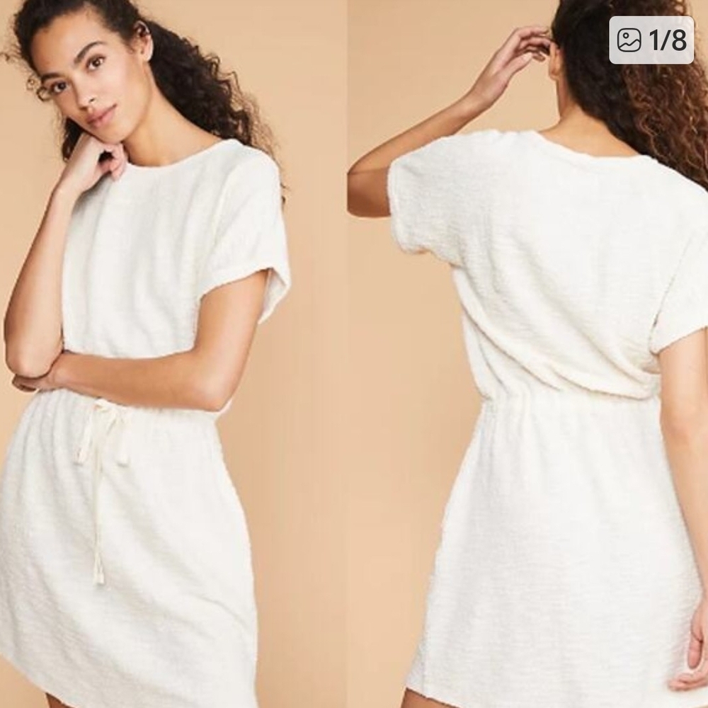LOFT Lou And Gray Ivory Cream Textured Mini Summer Dress with Drawstring Waist
